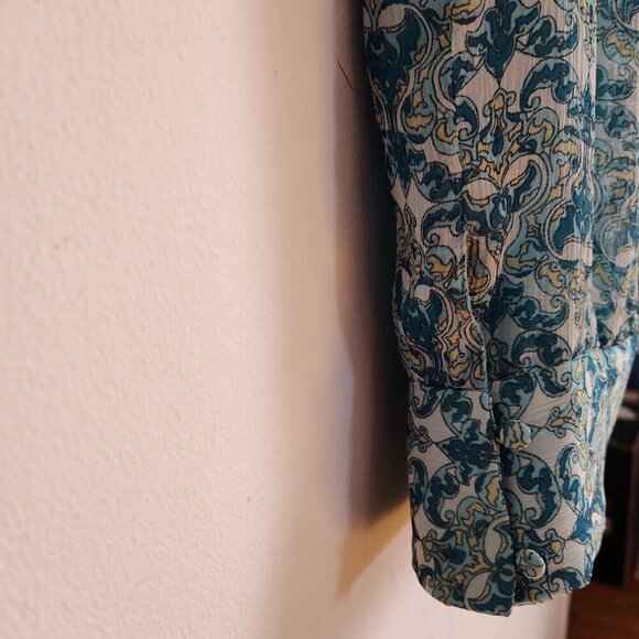 Ladies SZ 2 Inc Aqua Print Silk Peasant Top - Picture 3 of 5